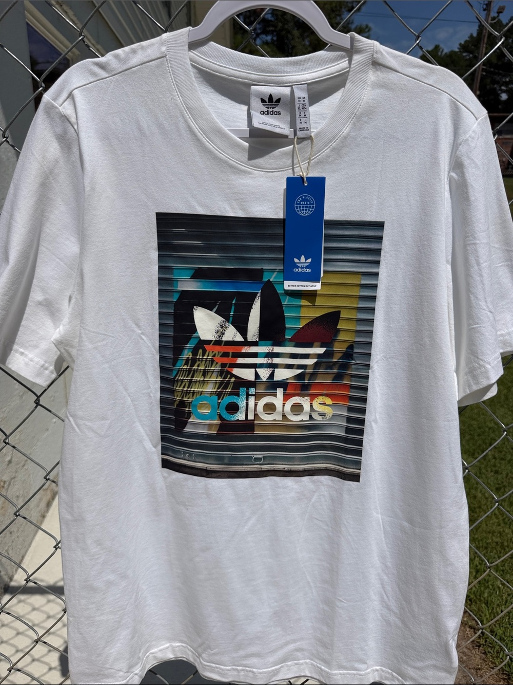 adidas White Short Sleeve Graphic Trefoil Tee with Multi‑Color Print